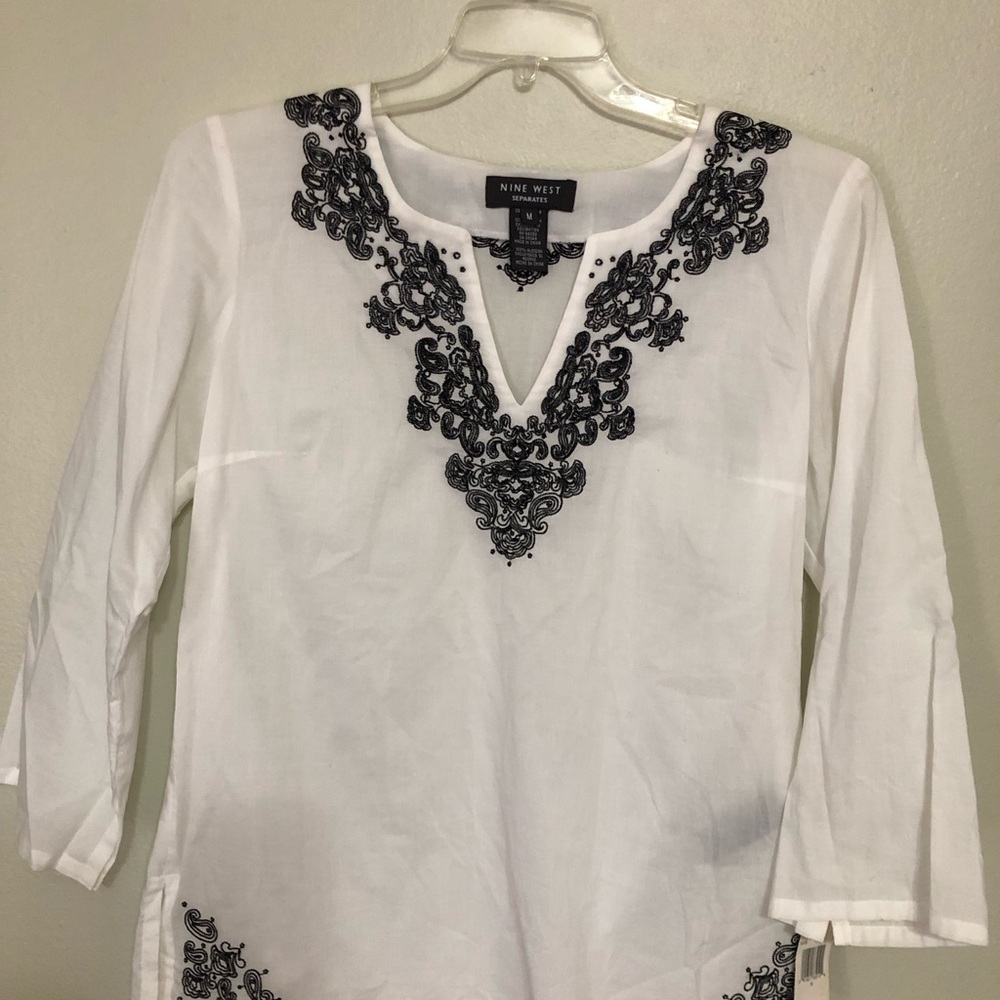 Nine West White Tunic with Black Embroidery